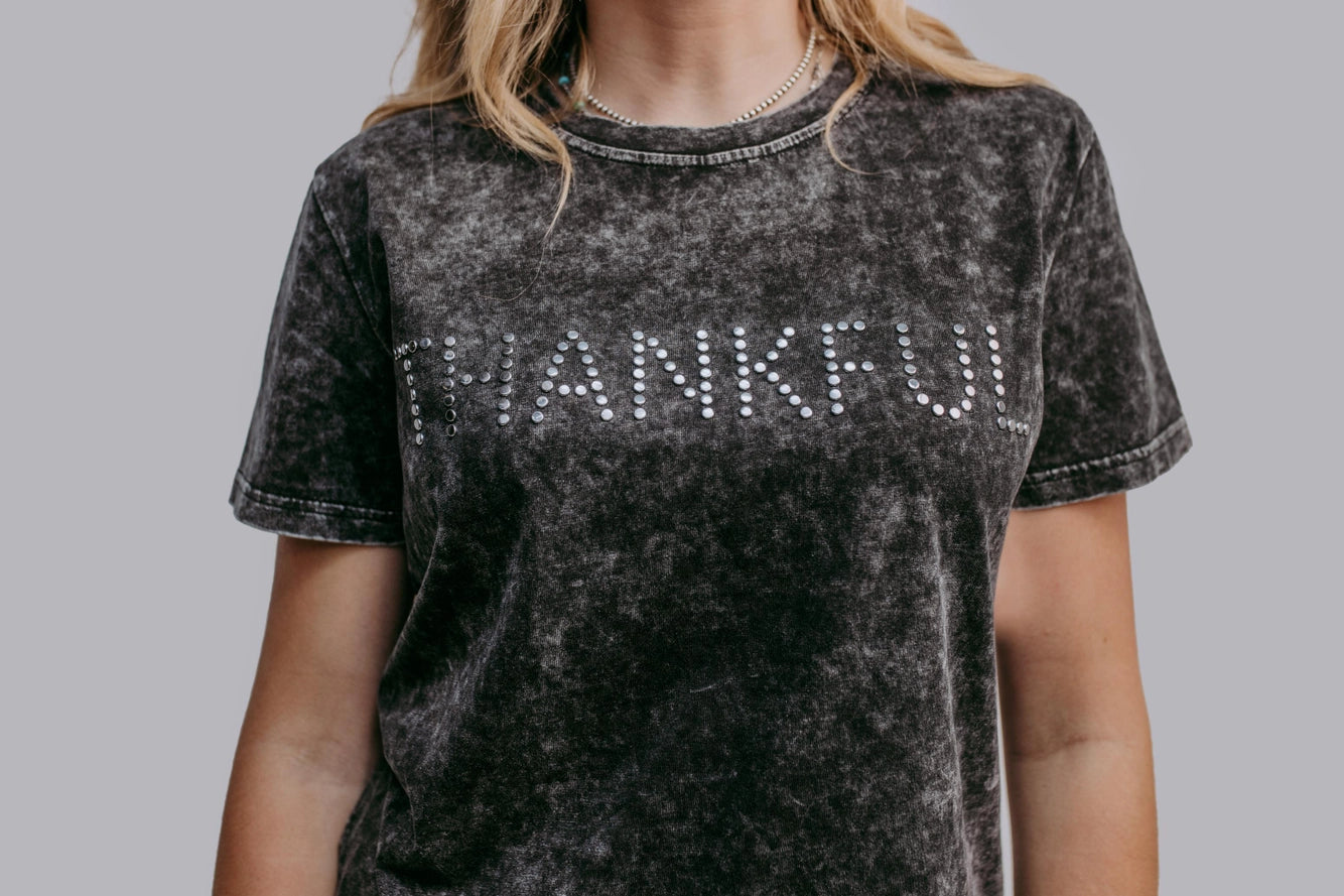 Thankful Acid Washed Tee- Charcoal