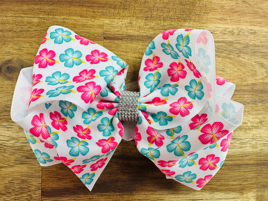 7.5” Pink & Aqua Hawaiian Floral Bling Center Bow