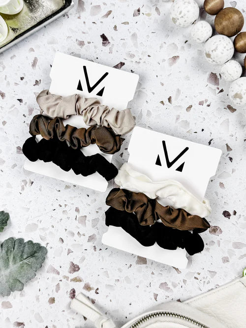Satin Neutral Trio Scrunchies- Tan-Brown-Black
