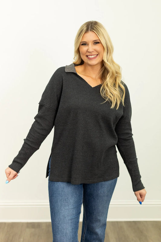 The Willow Thermal Pullover- BLACK