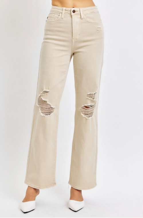 Judy Blue High Waist Dyed Bone Destroyed 90's Straight Leg Jeans