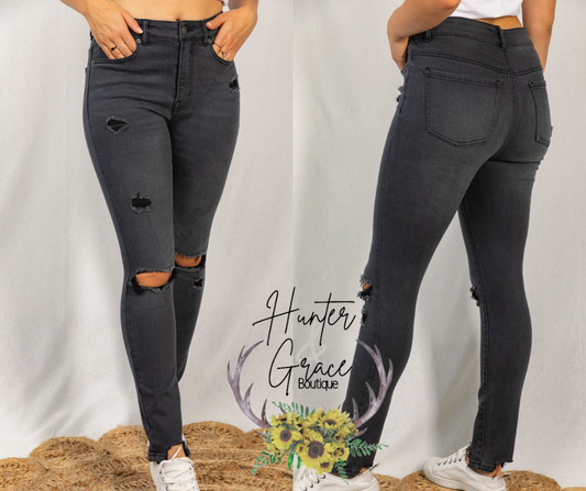 Gray High Rise Skinny Destroyed Jeans