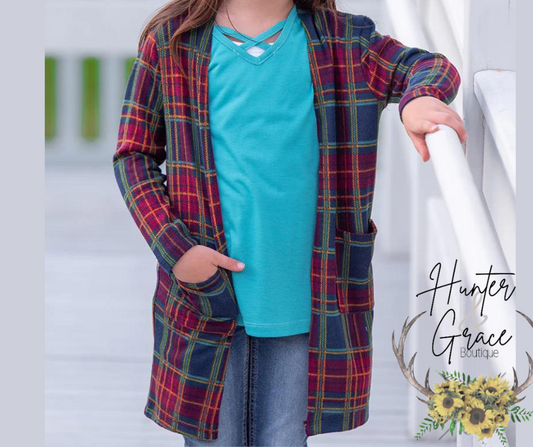 Girls' Plaid Girls Club Maroon & Navy Plaid Cardigan with Pockets