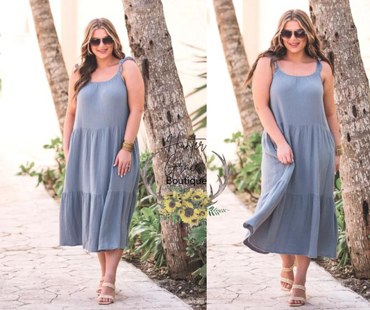 Beach Villa Gauze Dress- Dusty Blue