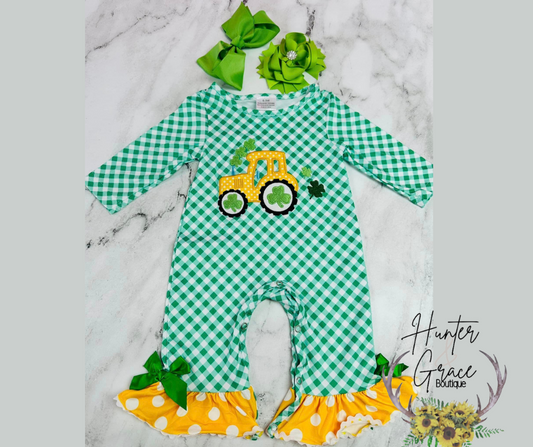 Green & White Plaid Tractor Romper