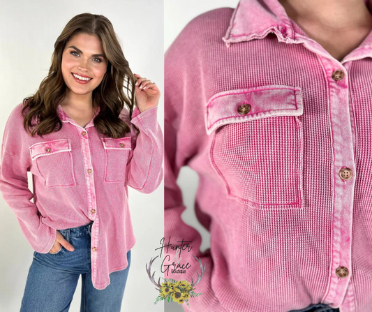 Shelby Waffle Button Up Top- Pink