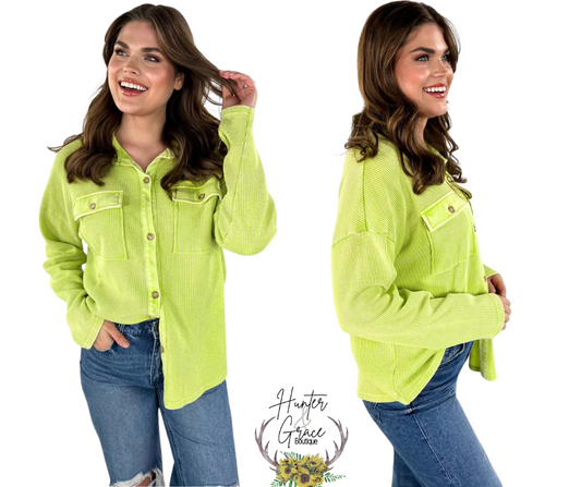 Shelby Waffle Button Up Top- Lime