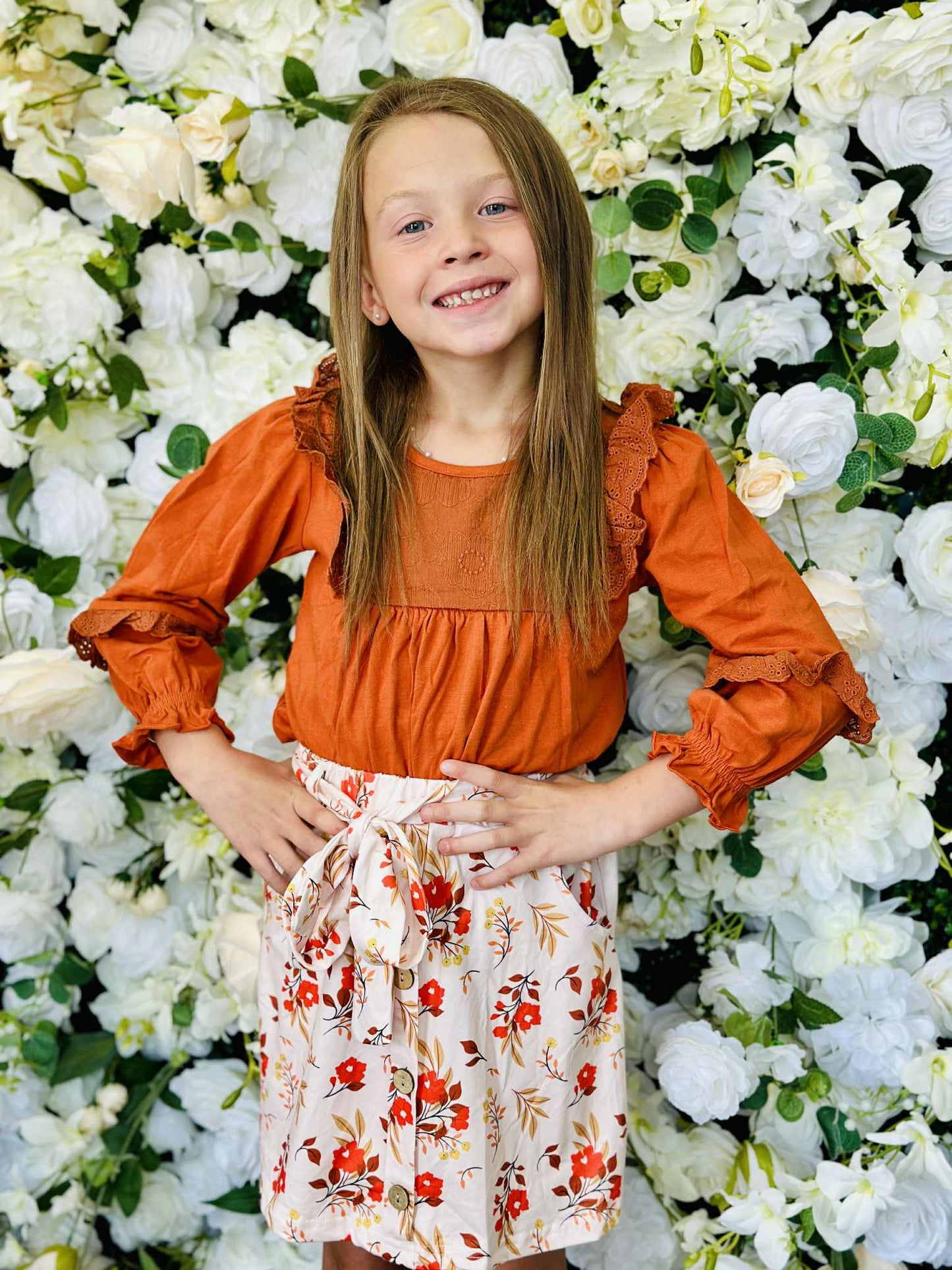 Autumn Blooms Ruffle Top & Floral Skirt Set