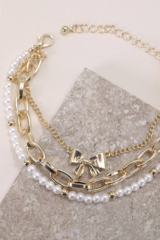 Bow Pearl Link Trio Set Bracelets