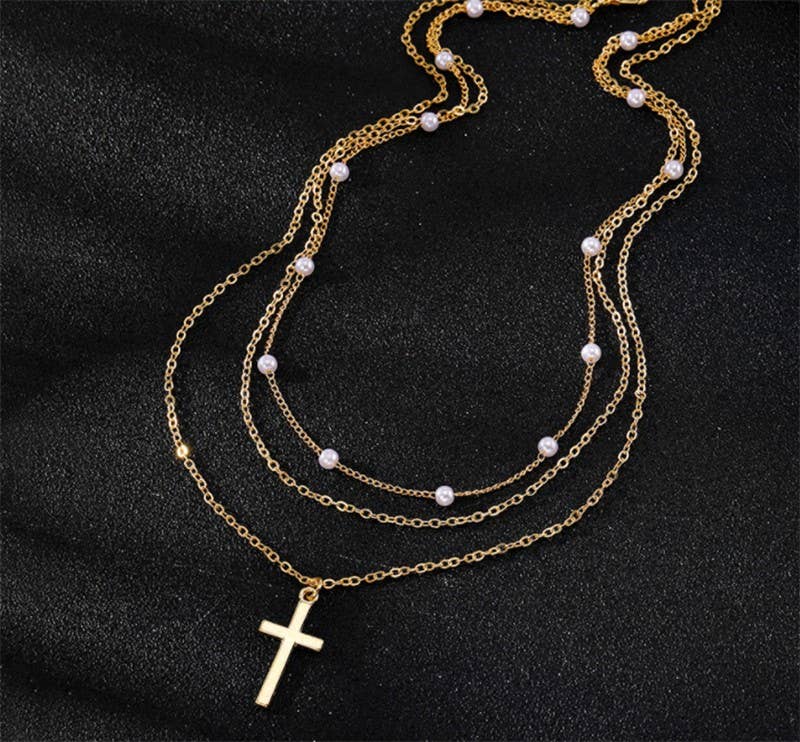 Layered Pearl Station, Cross Pendant Necklace