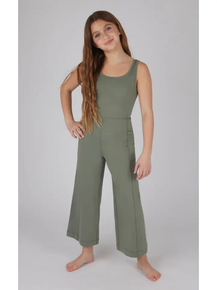 Girls Wide Flare Romper- Agave Green