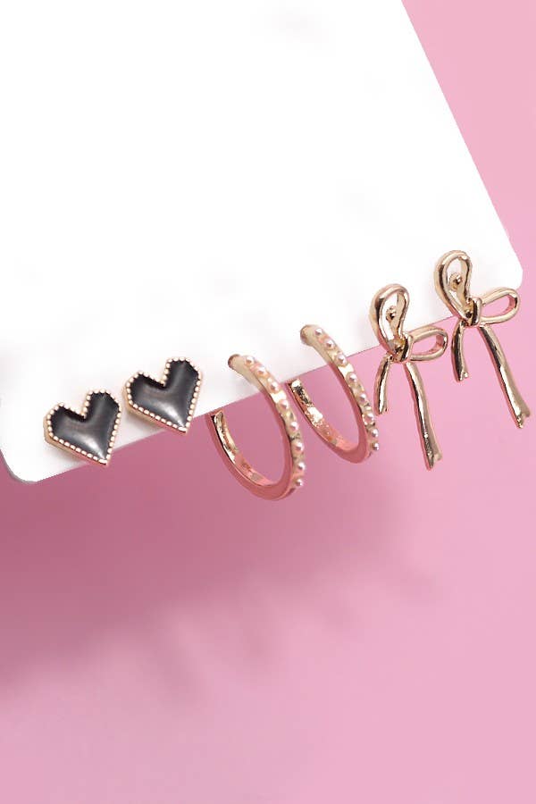 Trio Bow Hoop Heart Earrings