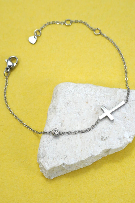 Cross and Rhinestone Bracelet- Silver