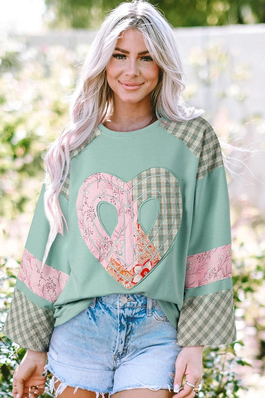 Vintage Patchwork Heart Pullover- Aqua