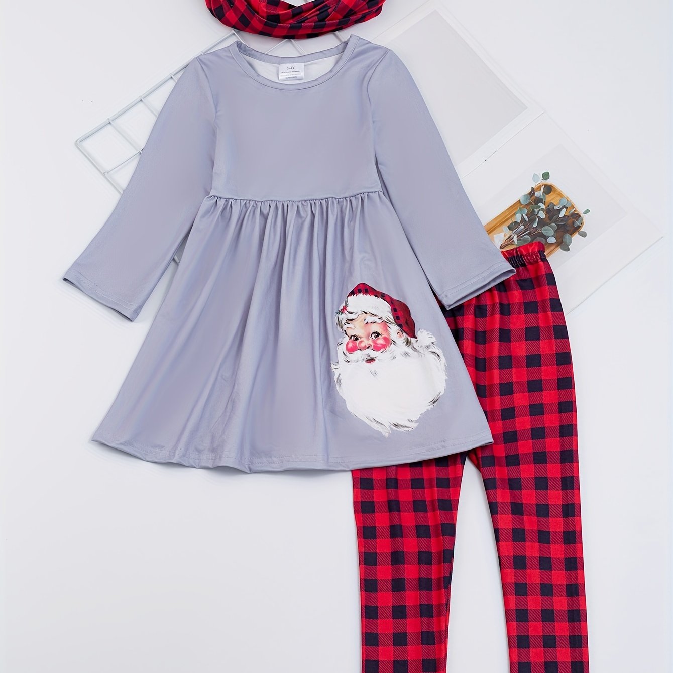 Plaid Christmas Santa Pant Set with scarf