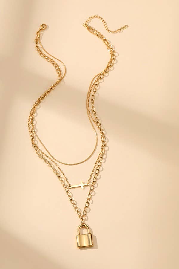 Cross and Lock Charm Necklace