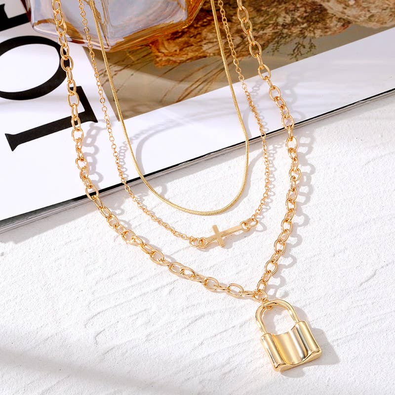 Cross and Lock Charm Necklace