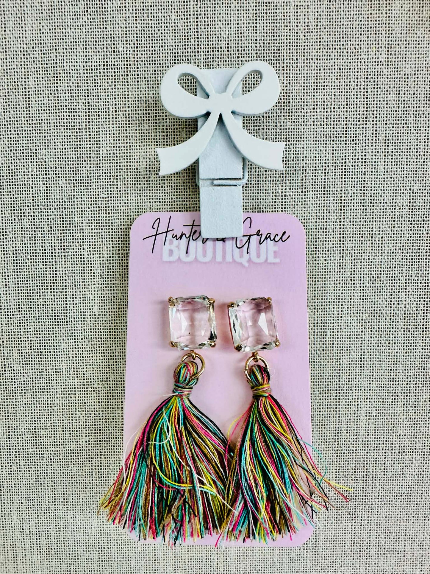 Clear Gem Rainbow Tassel Earrings