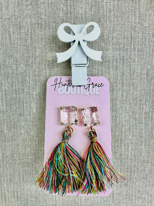 Clear Gem Rainbow Tassel Earrings