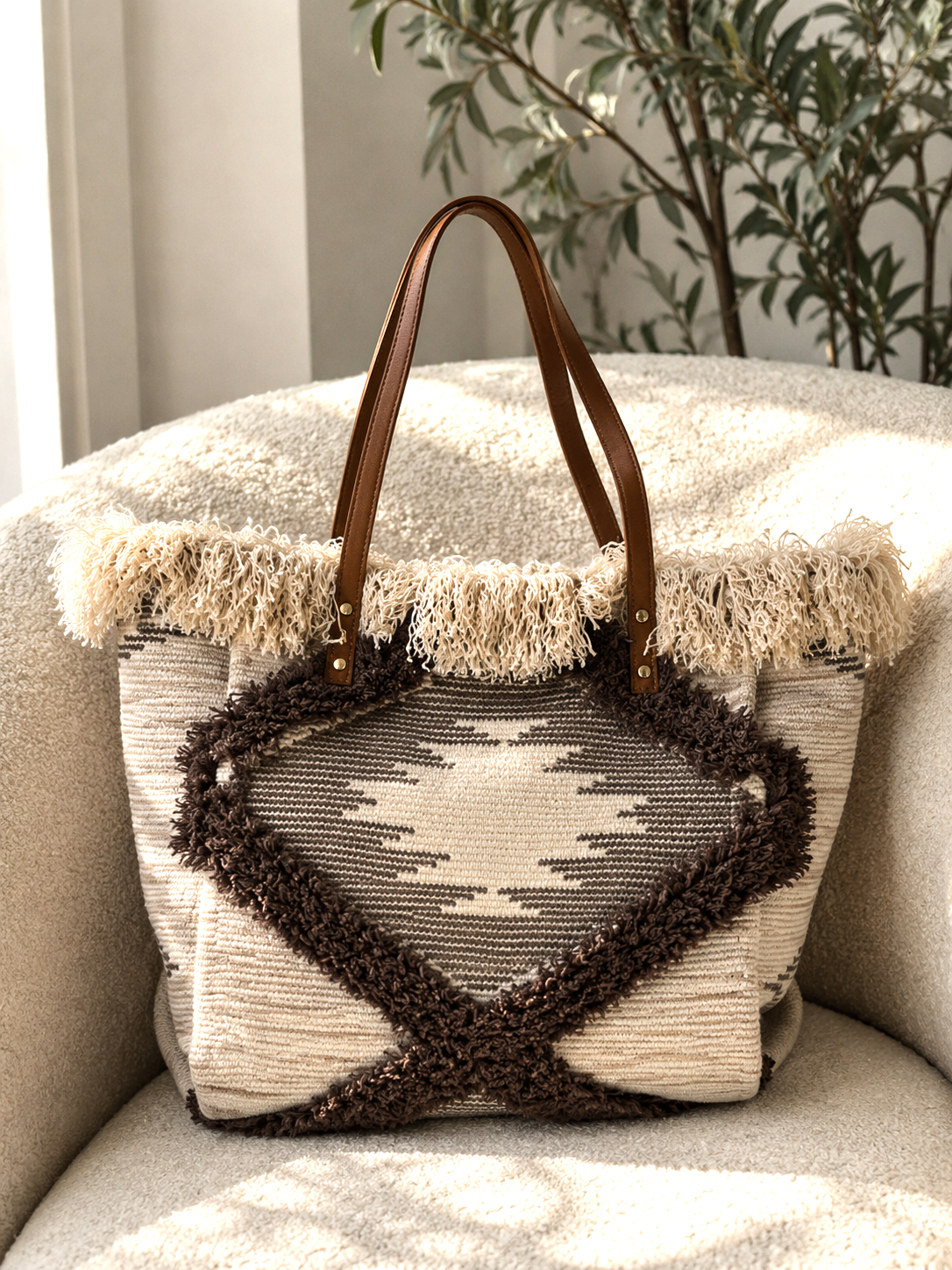 The Madison Handwoven Fringe Tote- Black/Neutral