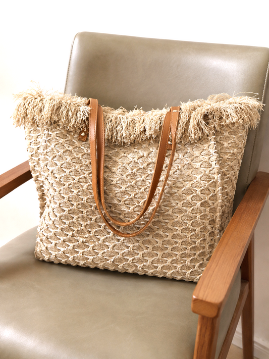 The Madison Handwoven Fringe Tote- Tan